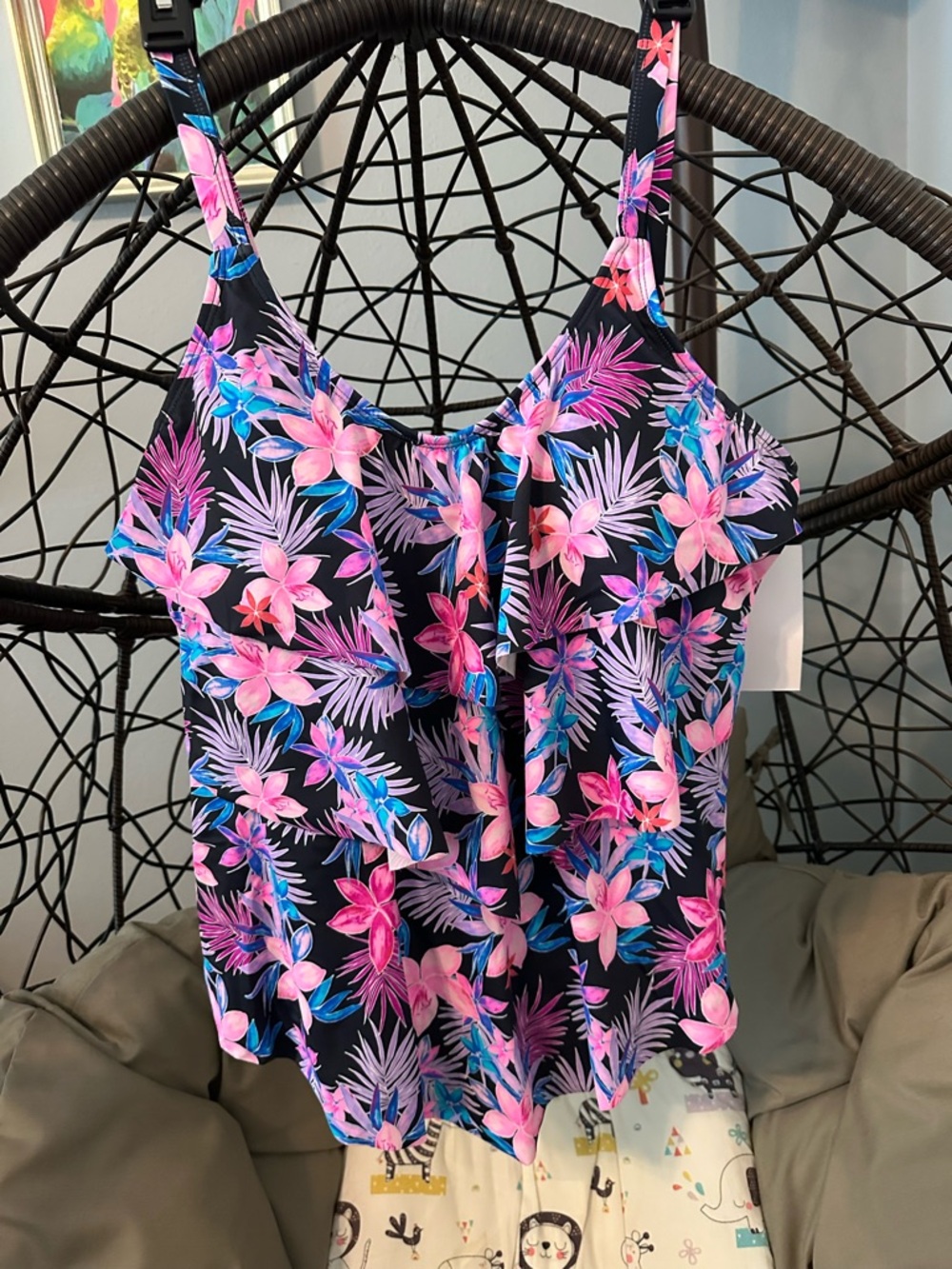 Women’s Black Floral Ruffle Tankini Swim Top - Pink & Blue Floral